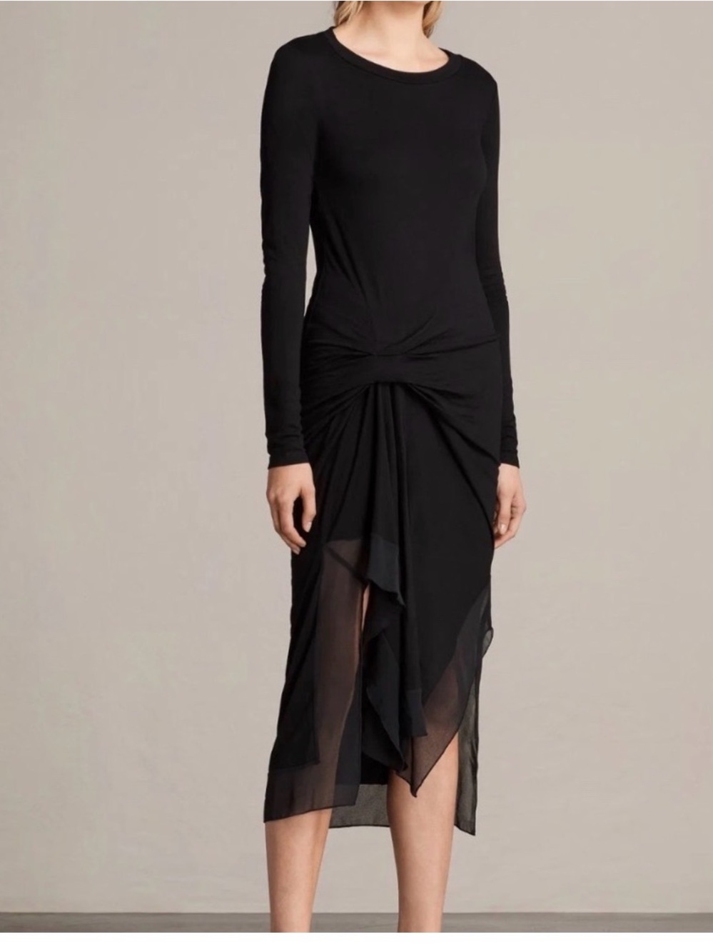 AllSaints Riviera Miro LS Dress Black Asymmetrical Knotted Midi WD661M Medium